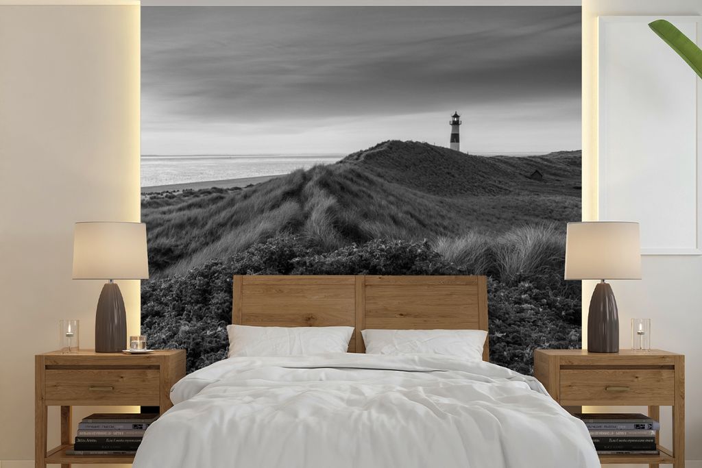 MuchoWow Fototapete für Wohnzimmer oder Schlafzimmer Wandtapete Vinyl Motivtapete Wattenmeer - Schwarz - Weiß - Leuchtturm - 350x350 cm - Schla...