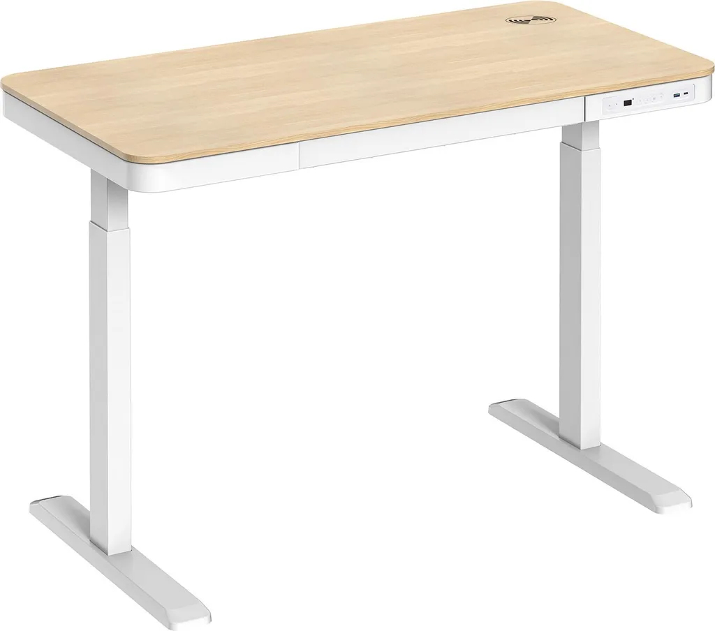 Bureau Motorisé Assis-Debout 118x60cm Bois et Blanc avec Tiroir et Chargeur