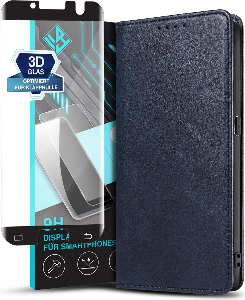 Handyhülle für Samsung Galaxy S7 Edge mit 9H Displayglas Kunstleder Flip Cover Hülle Handytasche Case Kartenfach Farbe: Blau
