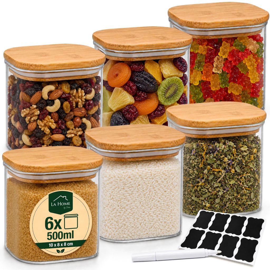 6er-Set Vorratsdosen Glas mit Bambusdeckel 500 ml für für Produktbild 