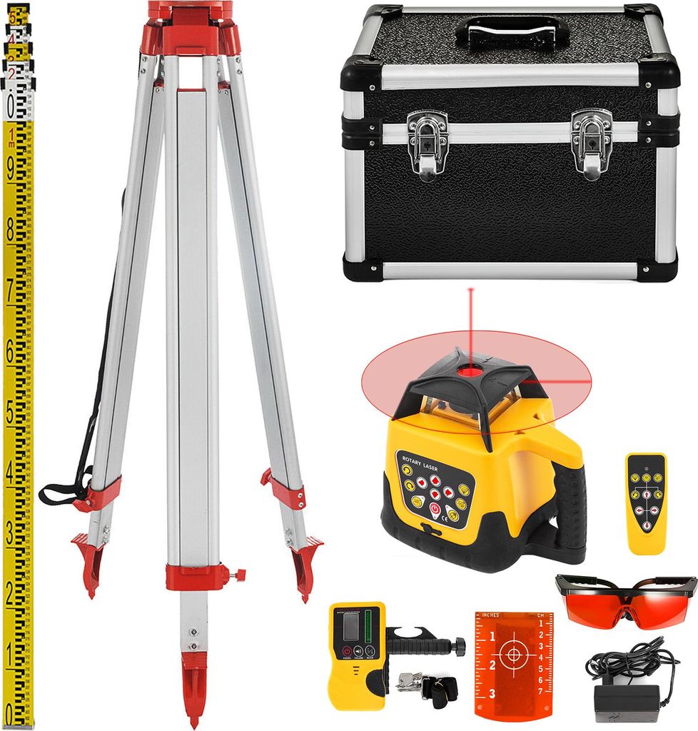 A collection of laser leveling equipment and accessories laid out on a white background.