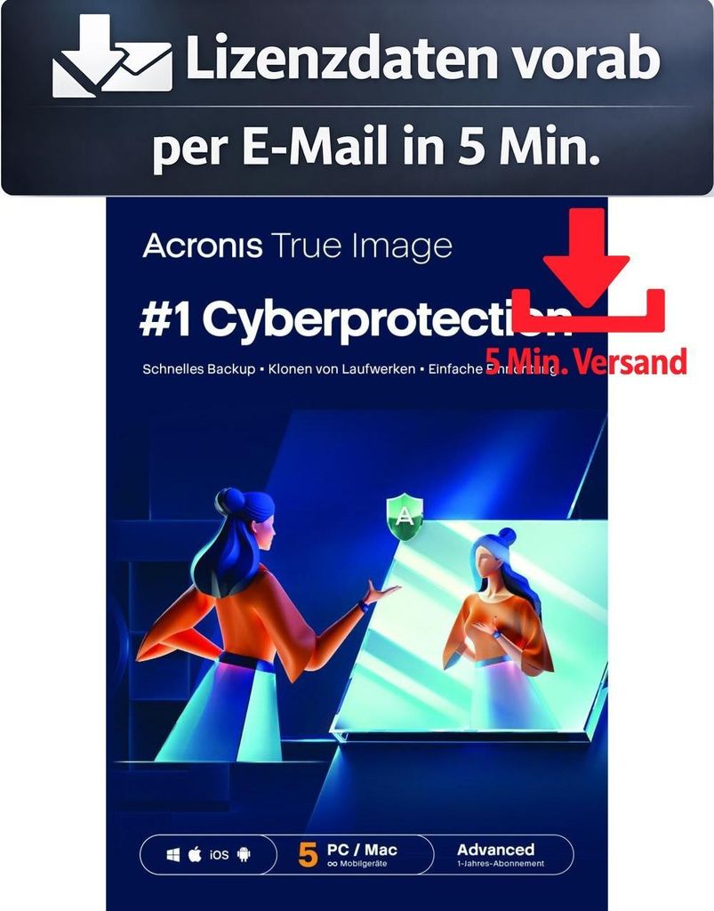 Acronis True Image Advanced 50 GB (5 Device - 1 Jahr) ESD Hilfsprogramme Tools Treiber 5 Min. Versand als Download per Mail