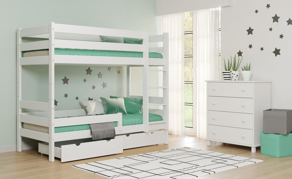 Kiefernholzbett mit Rausfallschutz, Etagenbett Gagatek Lux, 90 x 190 cm, Höhe 160 cm, Meble Wróbel, Weiß