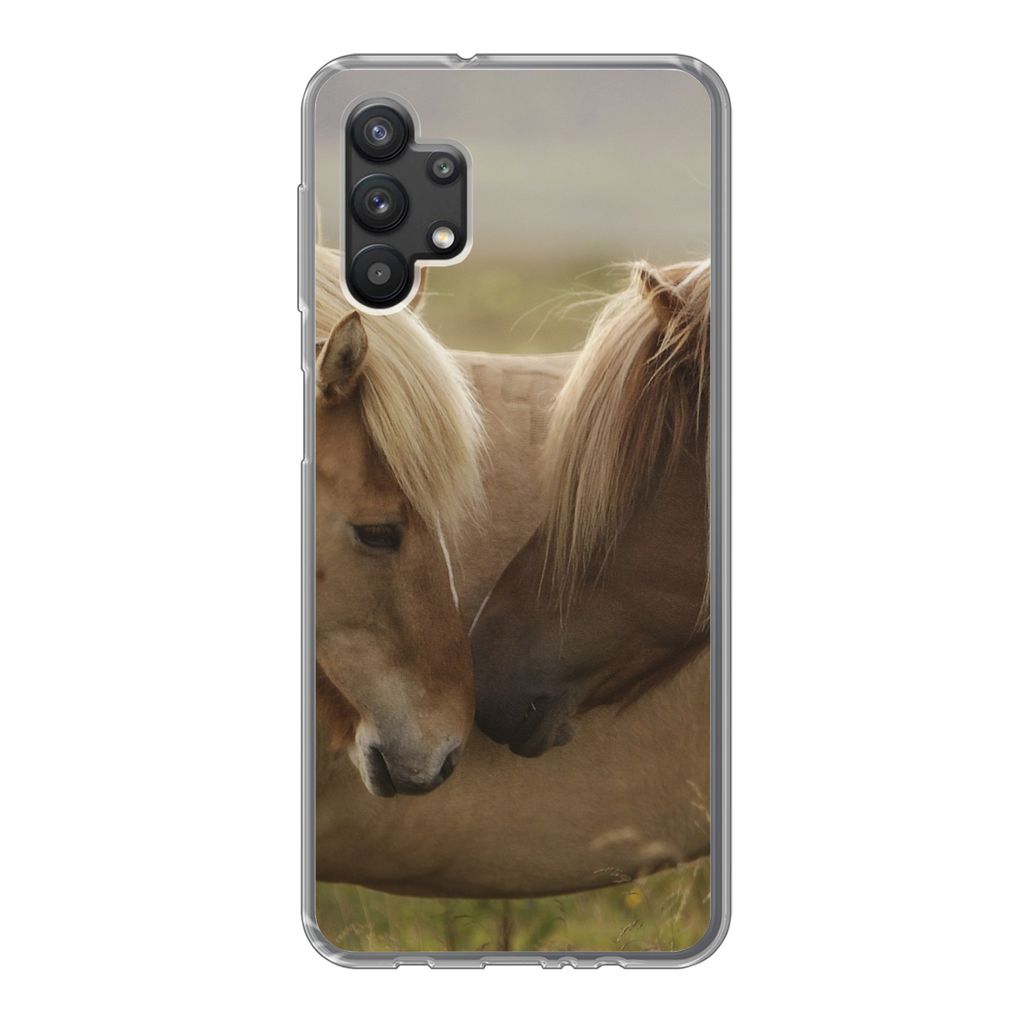 MuchoWow Handyhülle Schutzhülle Hülle für Samsung Galaxy A32 5G Pferde - Gras - Braun Silikon Softcase Handy Hülle - Softcase
