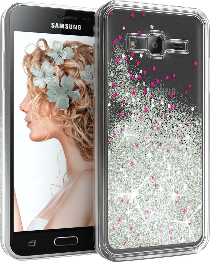 EAZY CASE - Glitzer Hülle kompatibel mit Samsung Galaxy J3 (2016) Glitzer Schutzhülle, Soft Case, Backcover Transparent mit Motiv