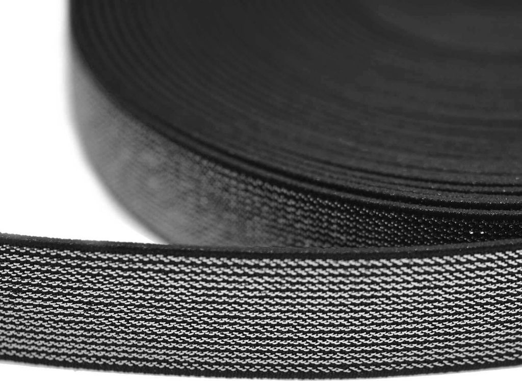 10m edles Glitzer-Gummiband elastisches Glitzerband Gummilitze Flachstrickgummi Variantenwahl, Größe:20mm, Farbe:silber-schwarz