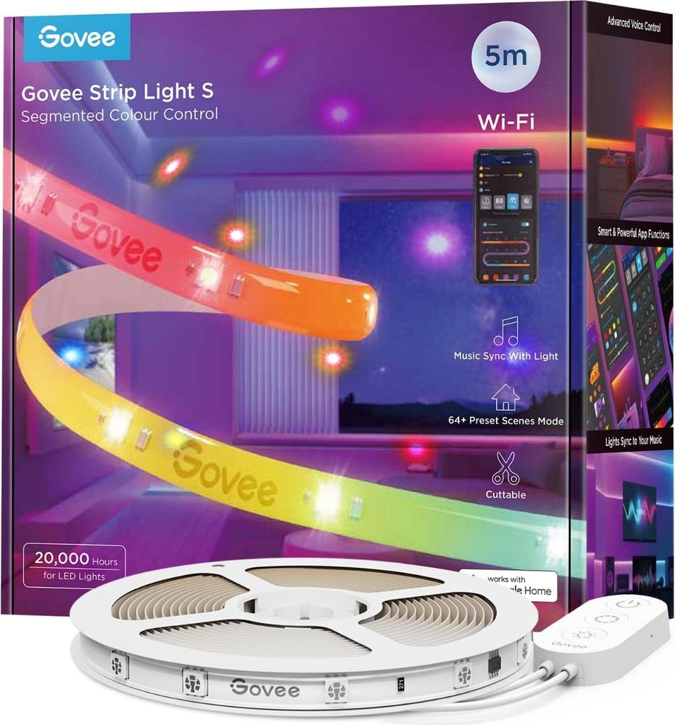 The image shows the packaging of Govee LED strip lights, with a coiled strip of lights in the foreground and a depiction of the lights in use on the packaging.