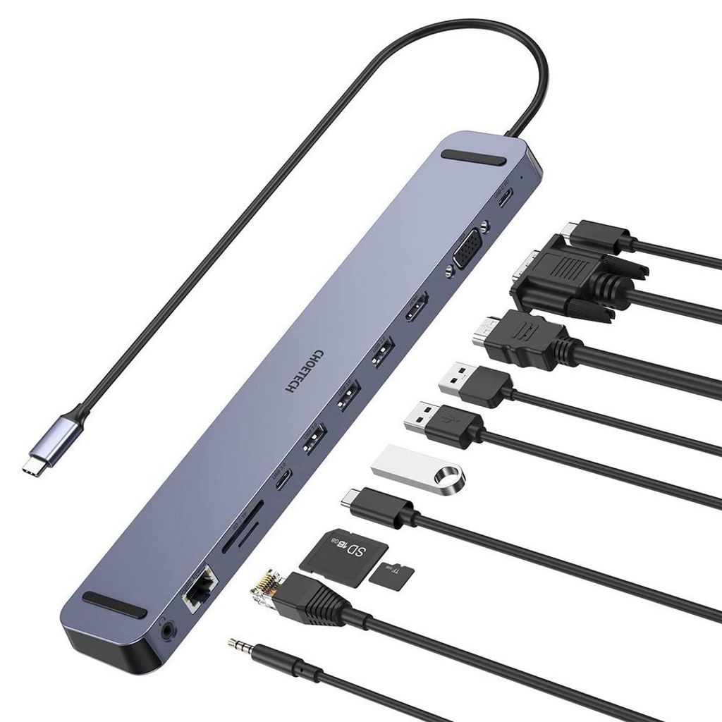 A gray USB-C docking station with multiple ports and cables connected, shown on a white background.