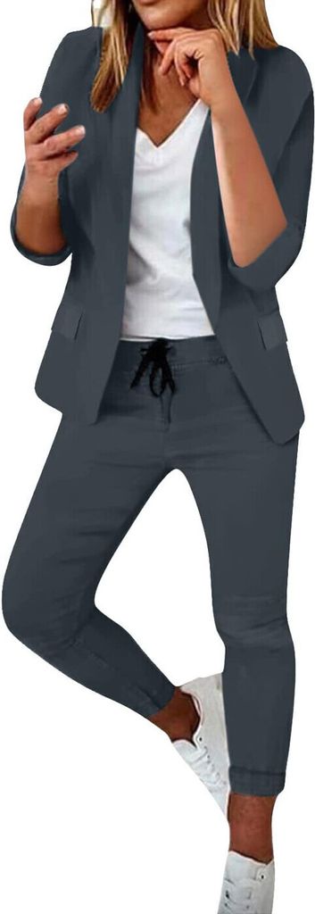 ASKSA Damen Mittellangen aermel Hosenanzug Elegant Business Anzug Set Freizeitanzug, Dunkelgrau, Groesse: XXL