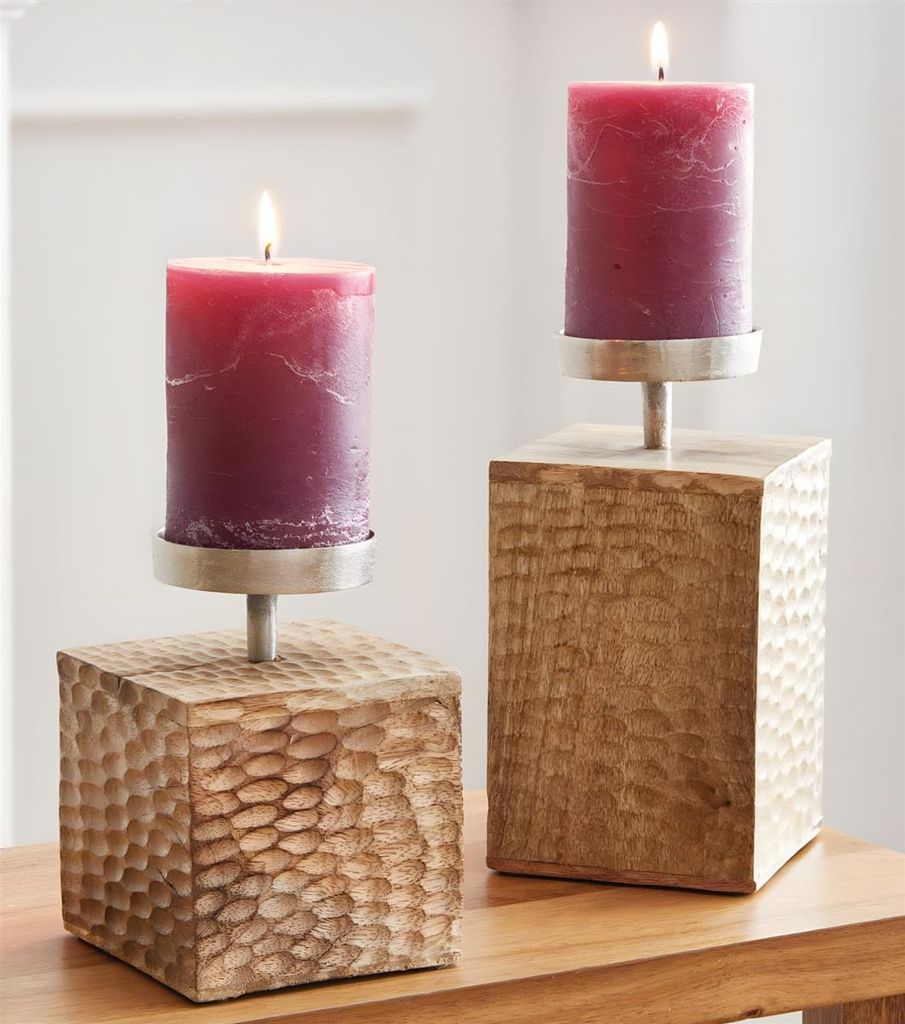 2x Kerzenständer "Holzblock" aus Mango Holz für Stumpenkerzen, Kerzenhalter 14 + 19 cm hoch, Kerzensäule, Holzsäule
