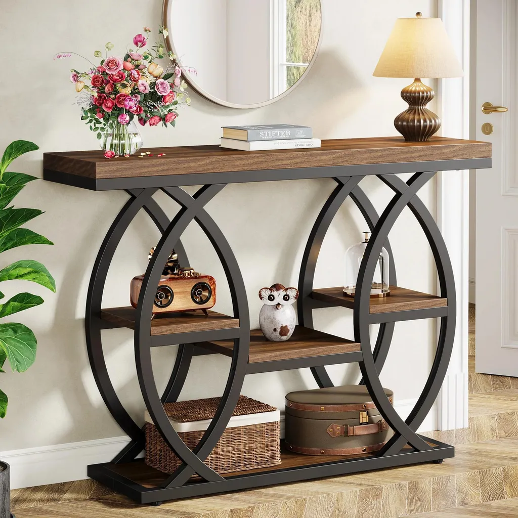 Console de couloir vintage kaki foncé pour petit espace 4 étagères