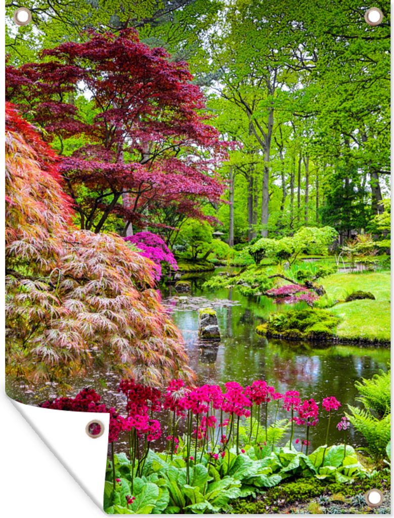 MuchoWow 30x40 cm Outdoor-Poster Gartendeko Sichtschutz Garten Poster für den Garten Bäume - Blumen - Japanisch - Natur - Wasser