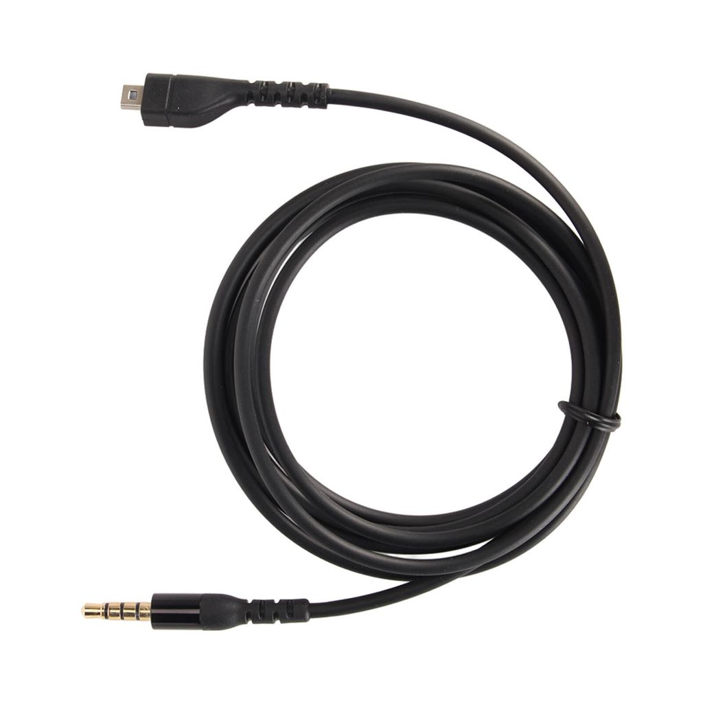 A black audio cable with a micro USB connector on one end and a 3.5mm jack on the other, coiled on a white background.