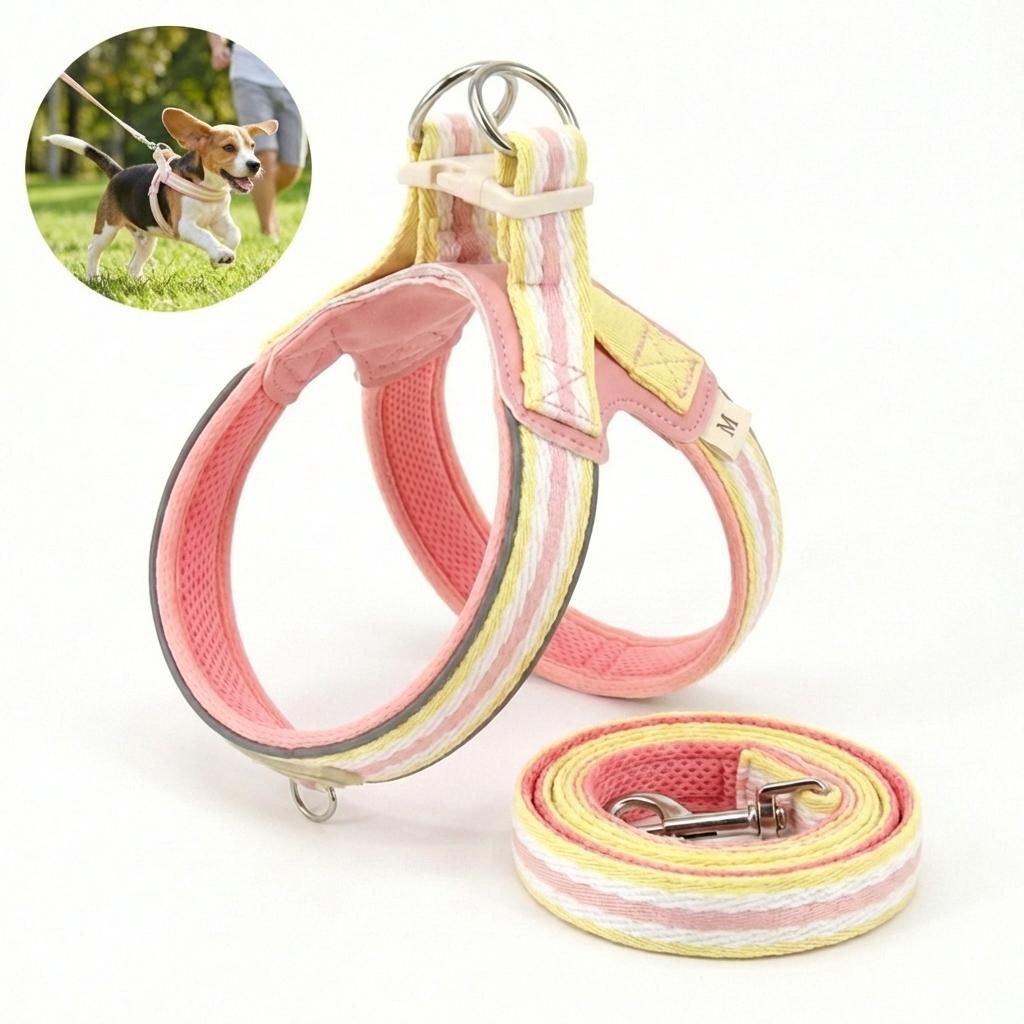 Reflektierendes Hundegeschirr Set mit Leine, Atmungsaktiv, Pink, Gr. S