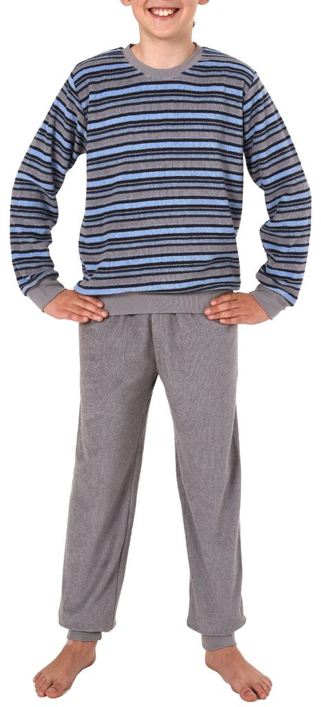 Jungen Frottee Pyjama Schlafanzug langarm mit Bündchen - Oberteil gestreift - 291 13 576 ; grau/blau , 146