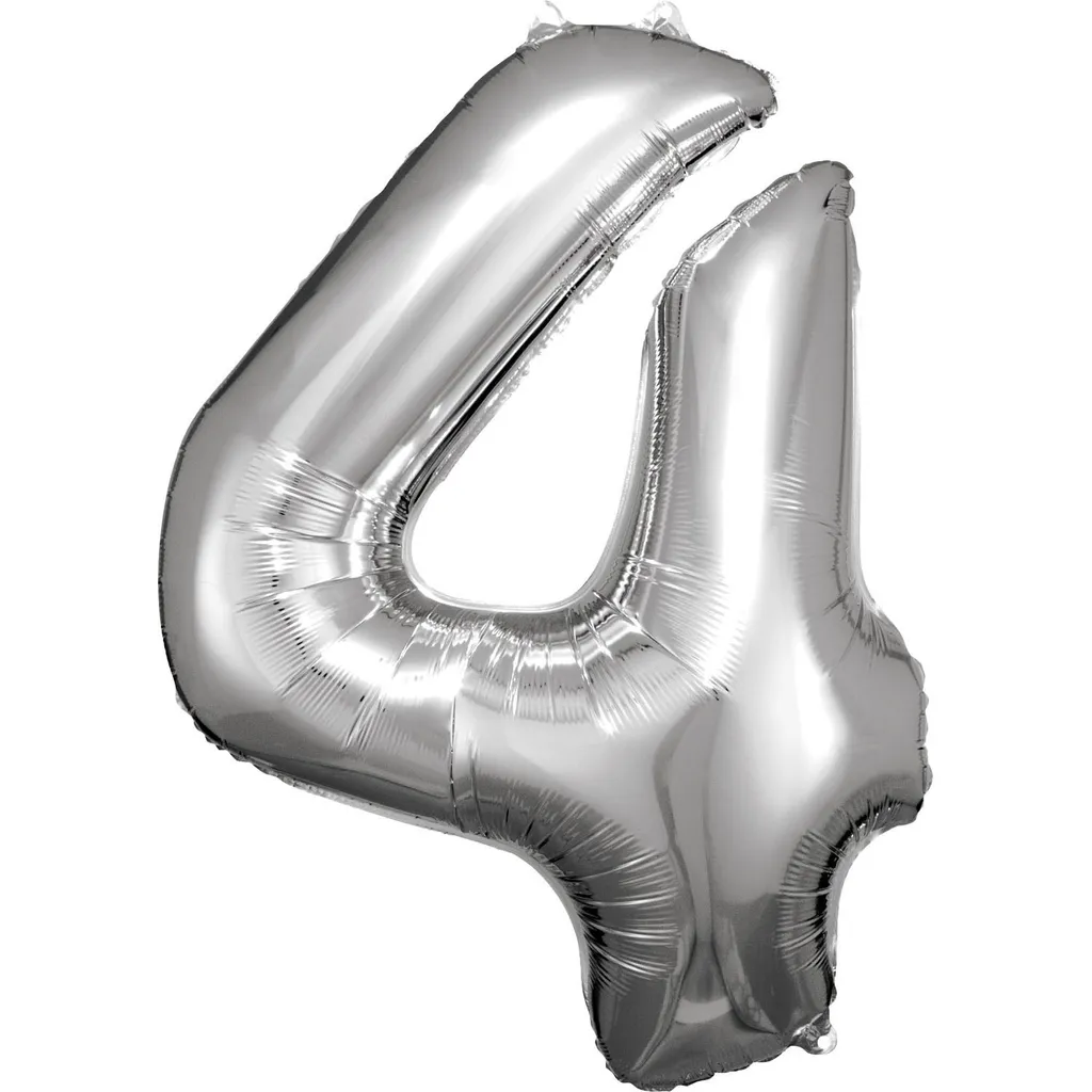 Grand ballon aluminium chiffre 4 argent métallisé 88 cm de hauteur