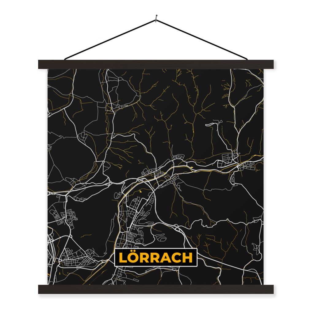 MuchoWow Textilposter Stadtplan - Karte - Lörrach - Gold - Deutschland - Karte 90x90 cm mit schwarzem Rahmen - Magnetisches