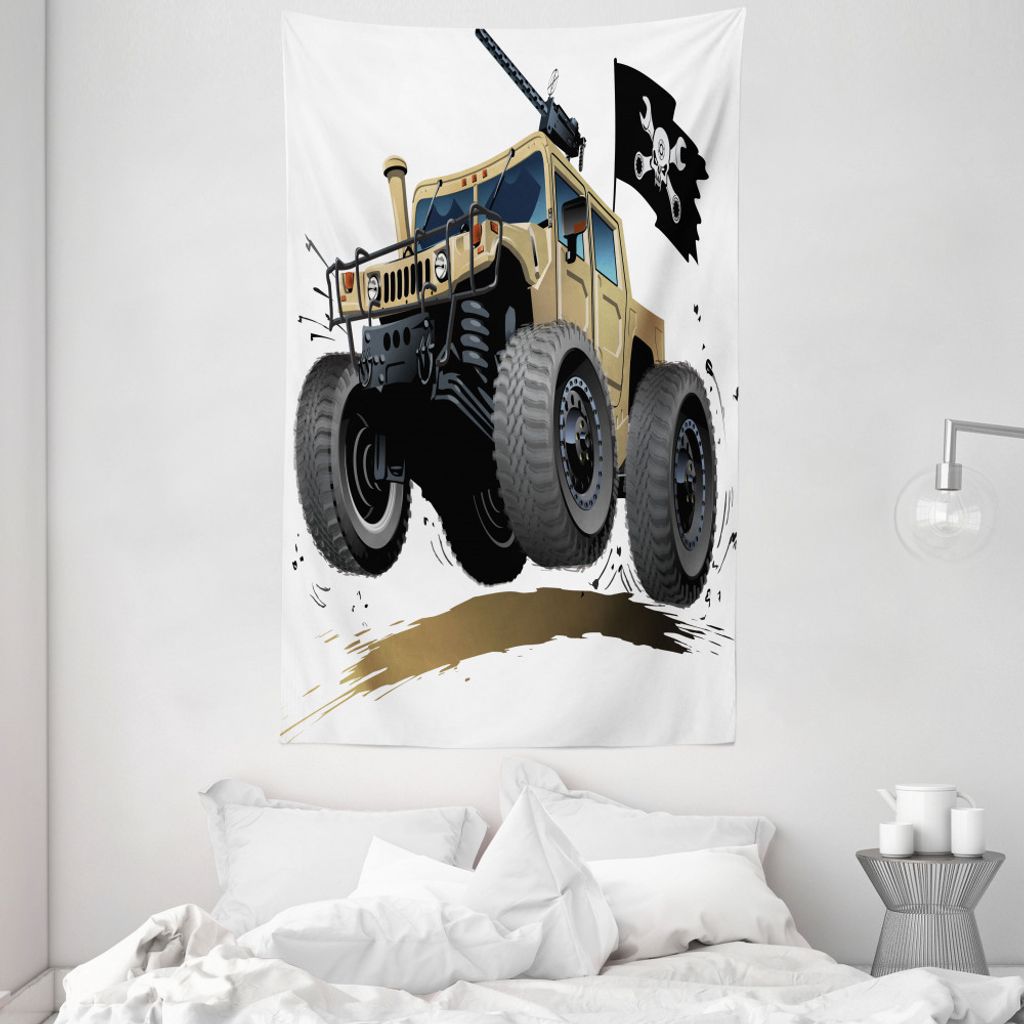 ABAKUHAUS Karikatur Wandteppich und Tagesdecke, Off Road Safari Truck aus Weiches Mikrofaser Stoff Waschbar ohne Verblassen Digitaldruck, 140 x 230...