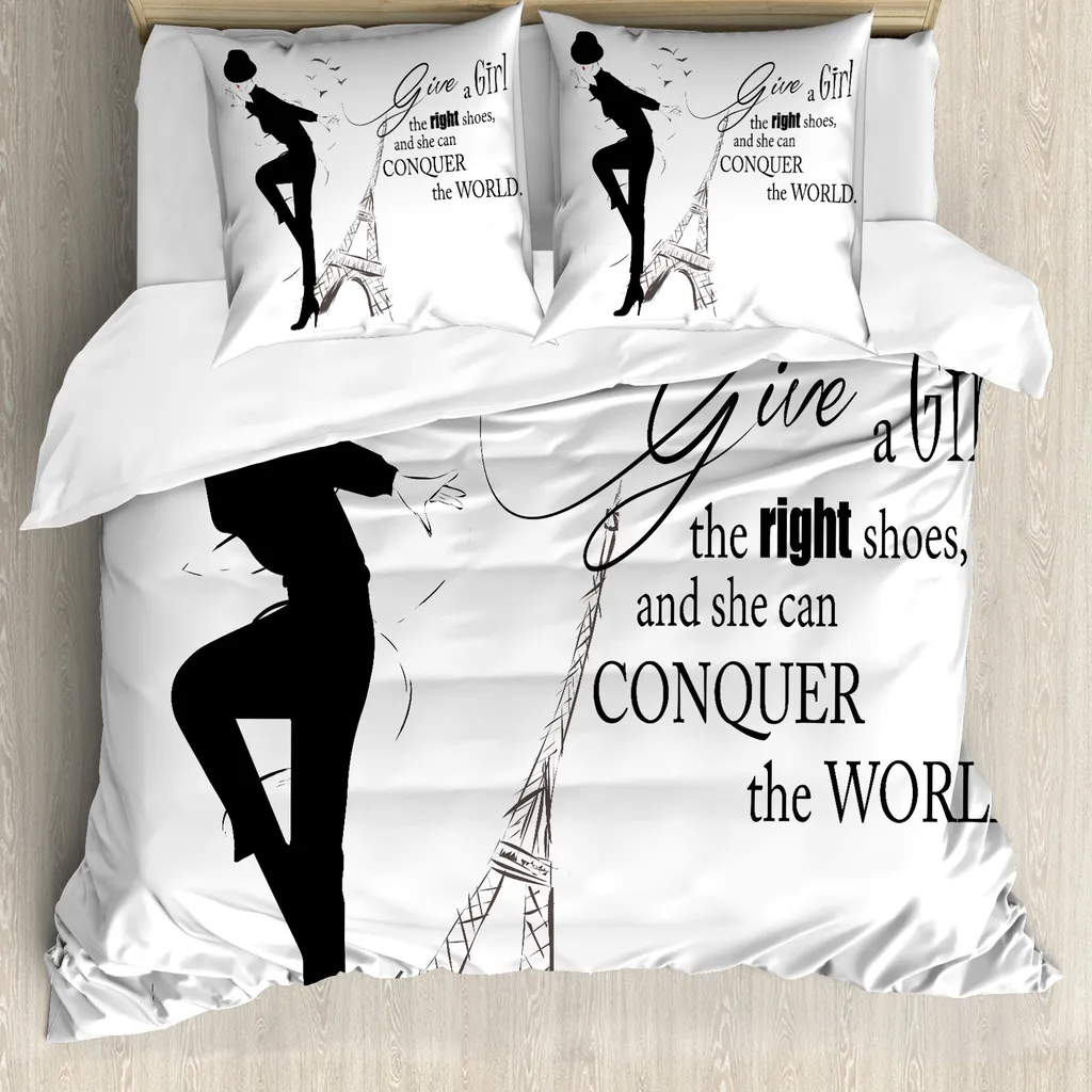 ABAKUHAUS Copripiumino per camera teenager, parole "danzante donna", antiacaro, adatto a chi soffre di allergie, con federe, 155 cm x 220 cm - 80 x 80 cm, bianco e nero