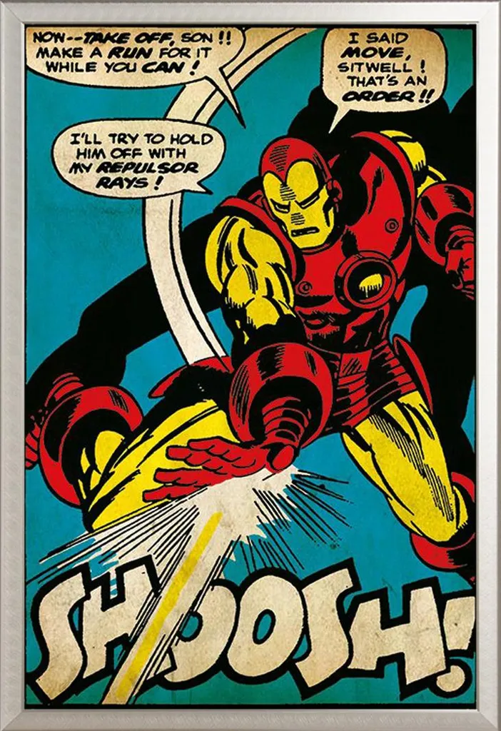 Iron Man - Poster - Shoosh Retro + cornice rimovibile, Shinsuke® Maxi alluminio argento, vetro acrilico