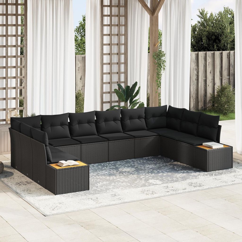 Desgin 10-teiliges Garten Sofa Set mit Kissen Schwarz Poly Rattan Akazie - Gartensofas 3356843
