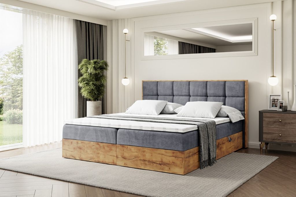 ALTDECOR Boxspringbett LOLLI2 mit Bonellfederung-Matratze, Kopfteil und Bettkasten mit Eiche Holz 120x200 Dunkelgrau Samt