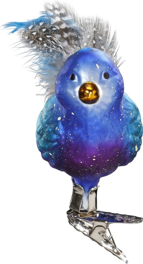 Christbaumschmuck Glas Vogel mit Federn auf Clip 6,5cm Blau