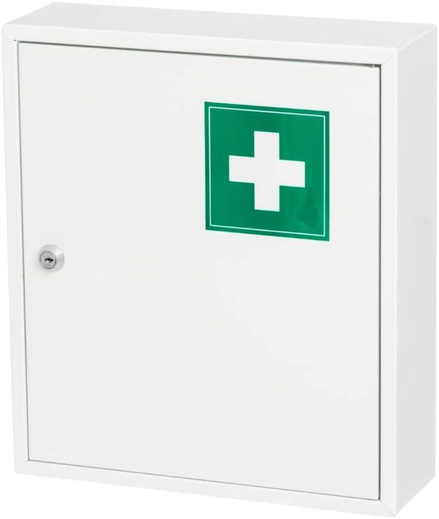 Jung Tarmo Medizinschrank groß 32x36cm, Medikamentenschrank, Metall Arzneischrank, Weiss, Hausapotheke Box abschließbar, Erste Hilfe Kennzeichnung