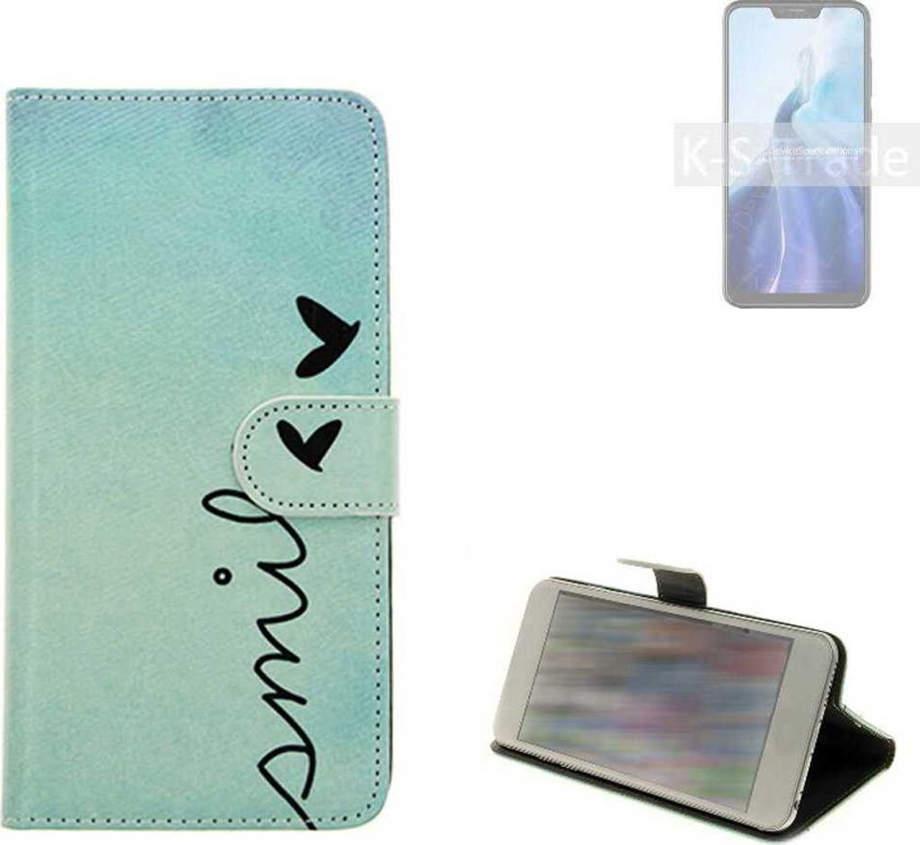 K-S-Trade Schutz Hülle Handy Hülle kompatibel mit Cubot C20 Hülle Handyhülle cover bookstyle Etui Handyhülle ''smile'' türkis Standfunktion