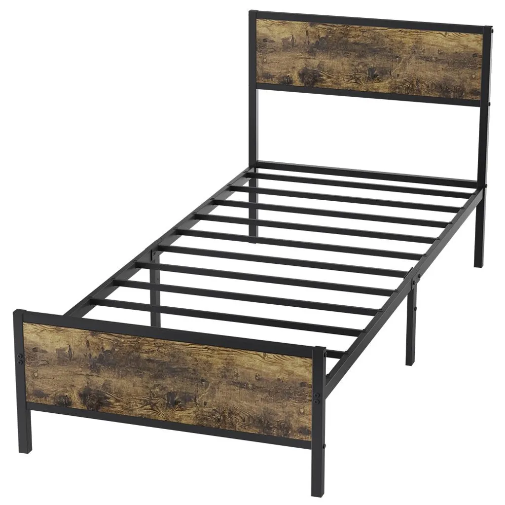 Cadre de lit simple 90x200 style vintage avec sommier métal et bois