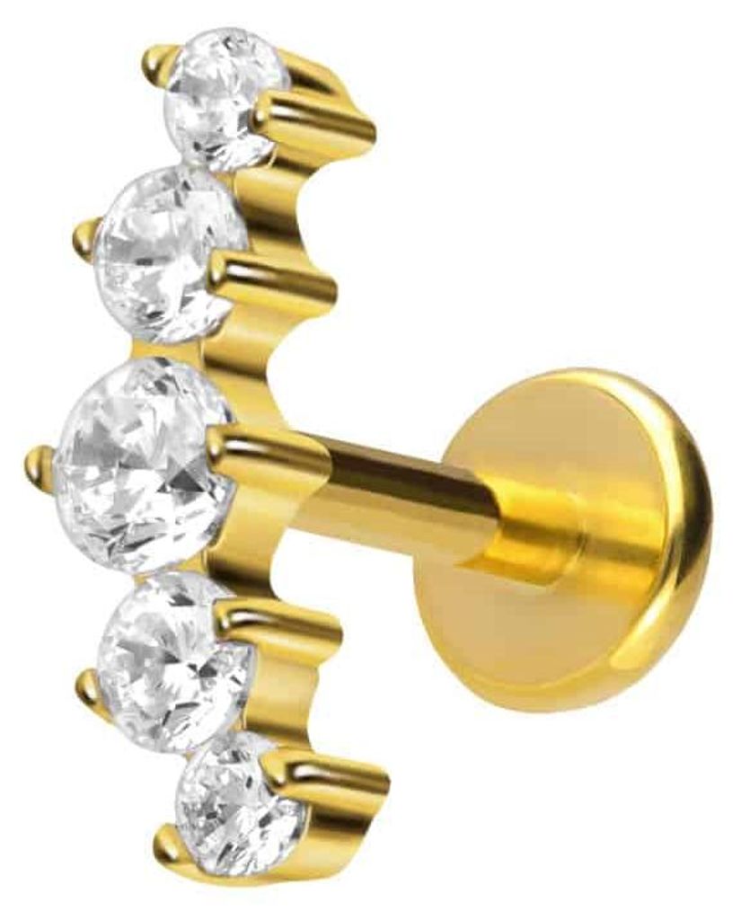 Ohrpiercing, Nasenpiercing Titan Labret mit Push Fit 5 EINGEFASSTE KRISTALLE Gold Stablänge: 9mm | Stabstärke: 1mm