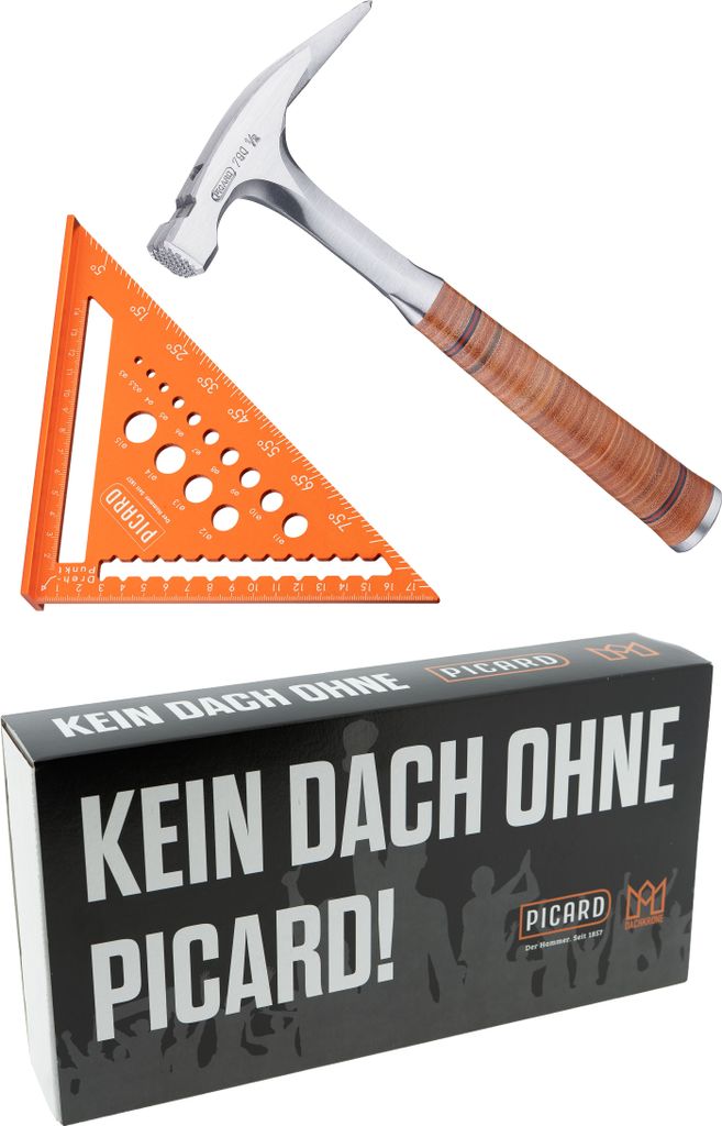 DACHKRONE Set 3 – PICARD Ganzstahl-Latthammer Nr. 790 1/2 & Zimmermannswinkel 180 mm mit Bohrlehre