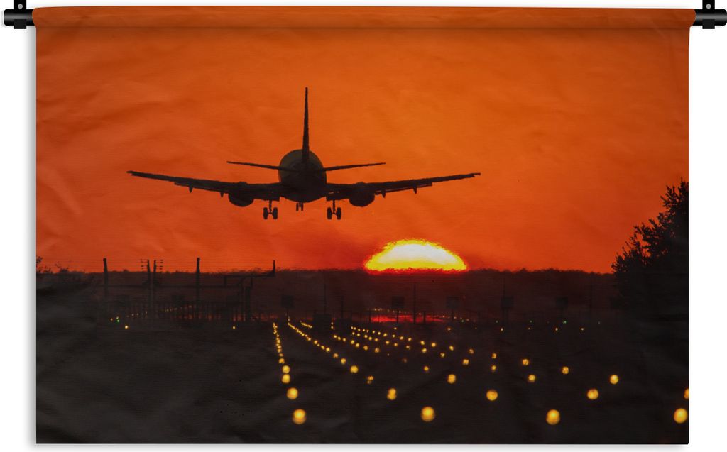 MuchoWow Wandteppich Wandbehang Sonnenuntergang - Flugzeug - Orange - Sonne 90x60 cm Tapisserie Dekoration Wandtuch - Wandskulpturen - Bildteppich
