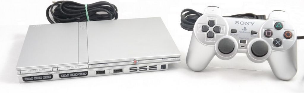 A silver Sony PlayStation 2 Slim console and its controller are displayed on a white background.
