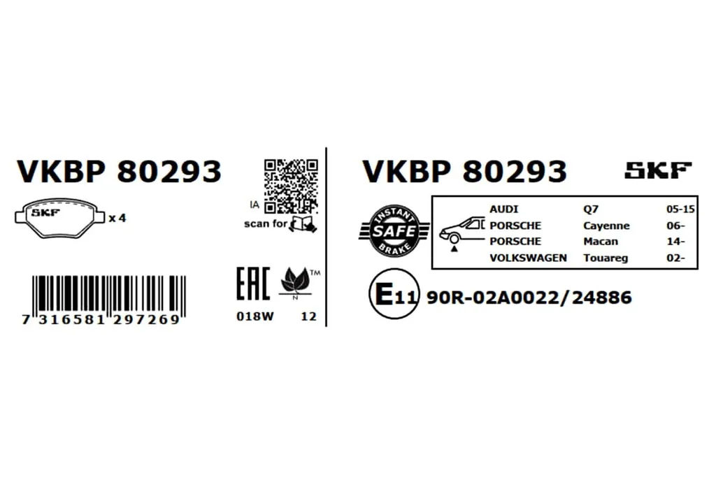 Jeu de plaquettes de frein à disque avant SKF type Porsche Cayenne
