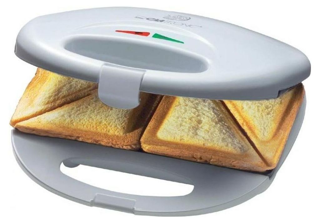 A white sandwich maker with toast inside, on a white background.