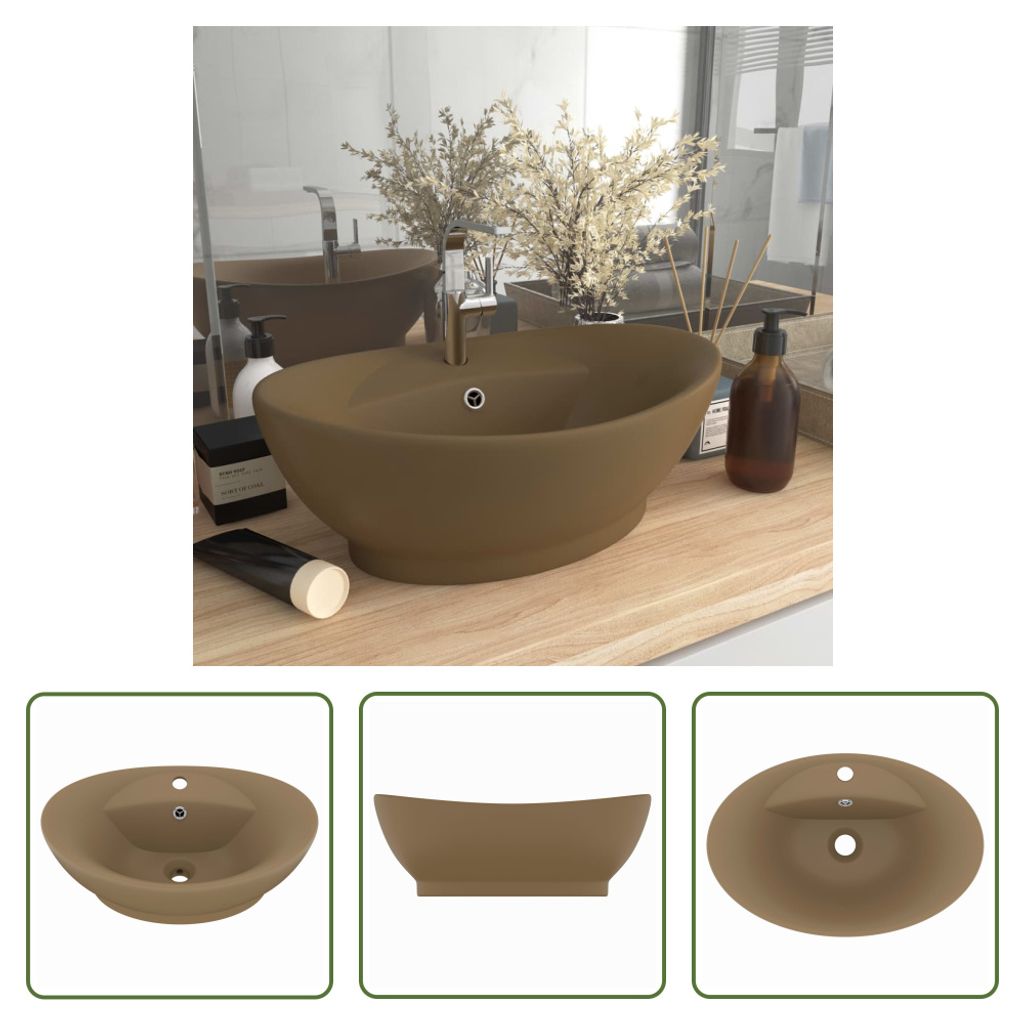 The Living Store Luxus-Waschbecken Überlauf Oval Matt Creme Produktbild 