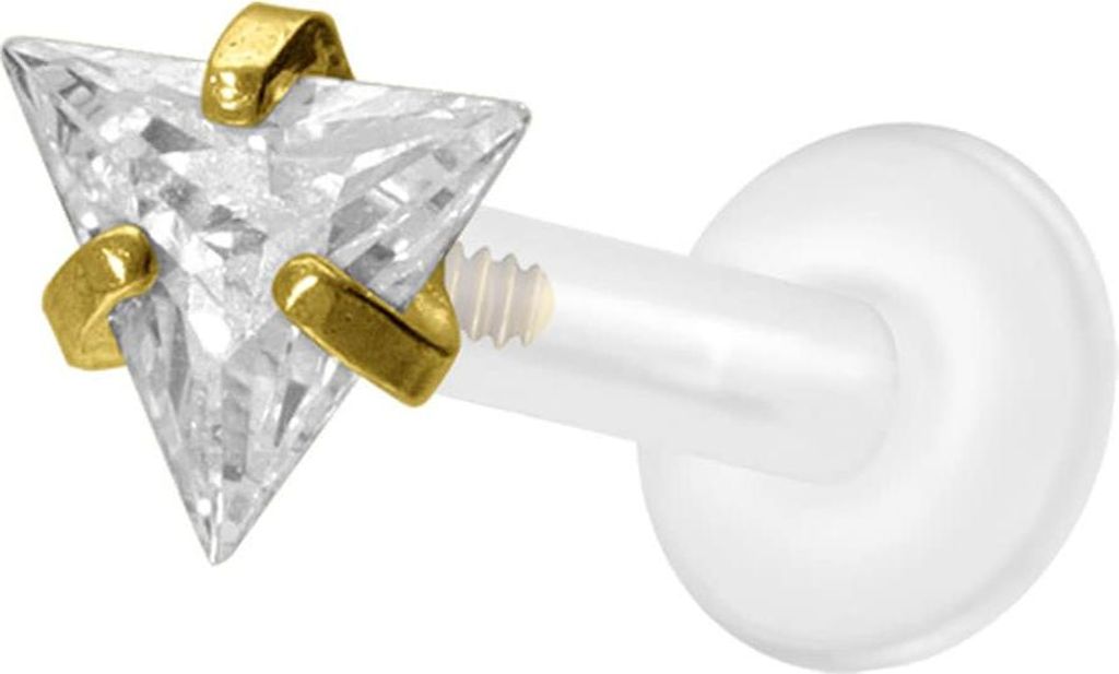 Ohrpiercing, Nasenpiercing PTFE Labret mit Innengewinde + Titan-Aufsatz EINGEFASSTES KRISTALLDREIECK Gold Stablänge: 8mm | Stabstärke: 1,6mm