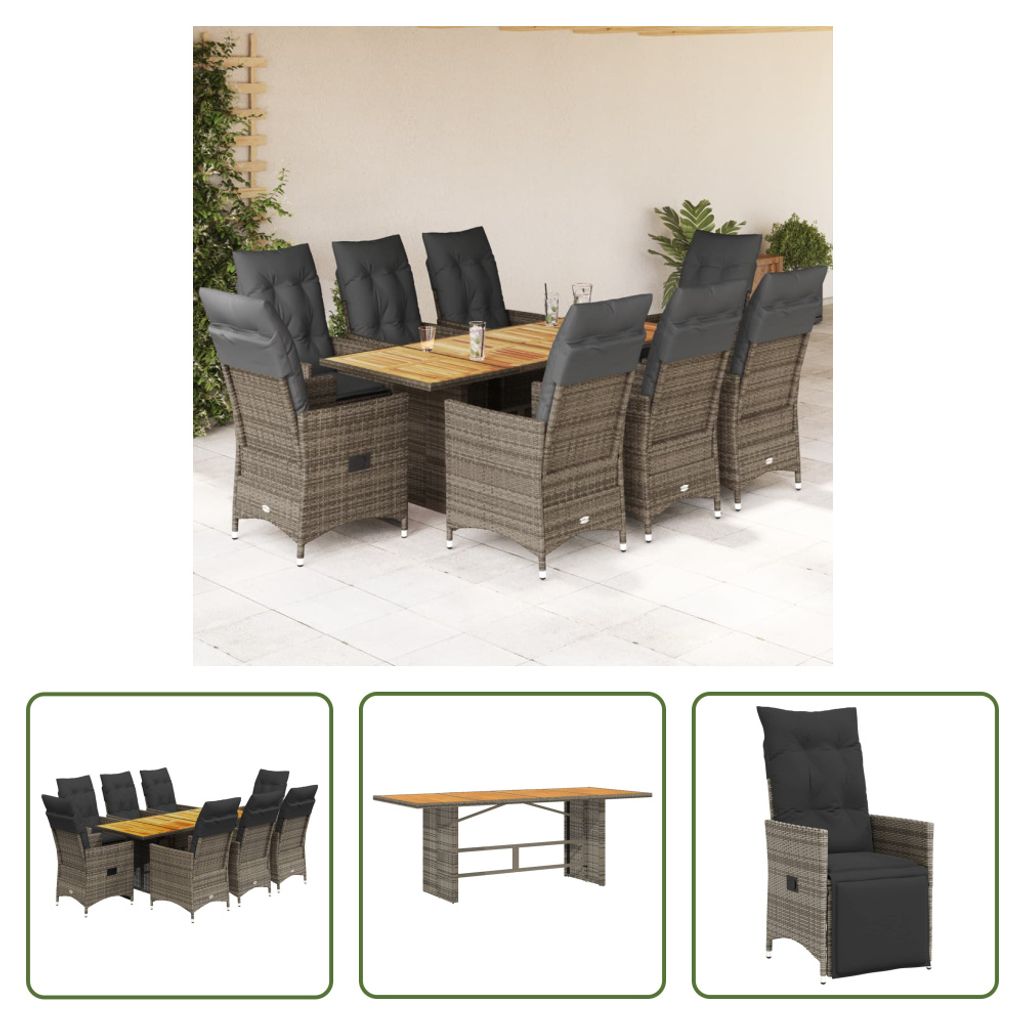 The Living Store 9-tlg. Garten-Essgruppe mit Kissen Grau Poly Rattan