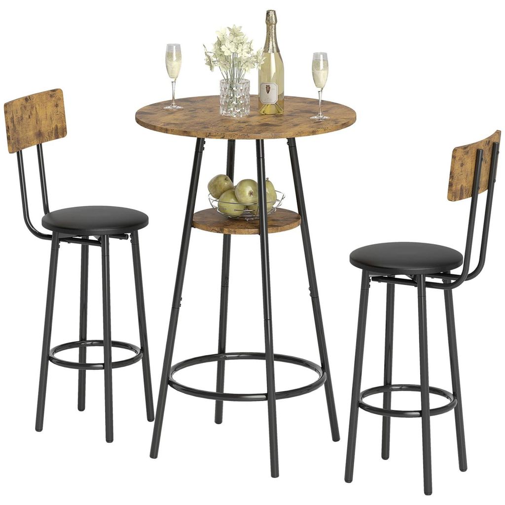 3-teiliges Bartisch-Set mit 2 gepolsterten Hockern, Kunstleder-Bezug, Rückenlehne, Metallgestell, Braun