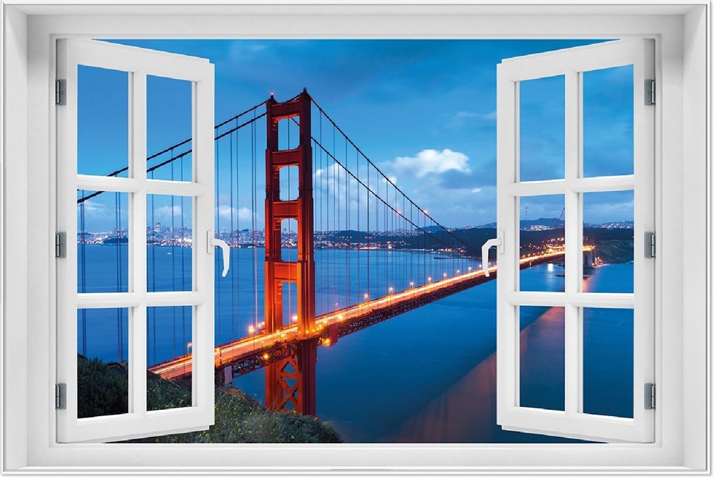 Wallario Wandbild mit Fenster-Illusion: Golden Gate Bridge in San Francisco USA, Größe: 61 x 91,5 cm, Poster mit weißem Aluminiumrahmen