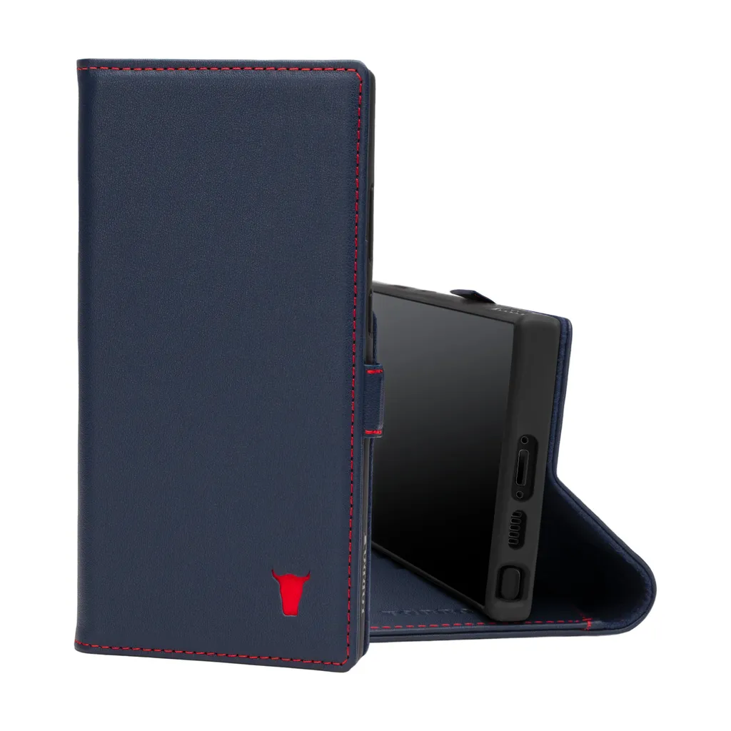 Housse Galaxy S23 Ultra en cuir véritable bleu marine avec stand