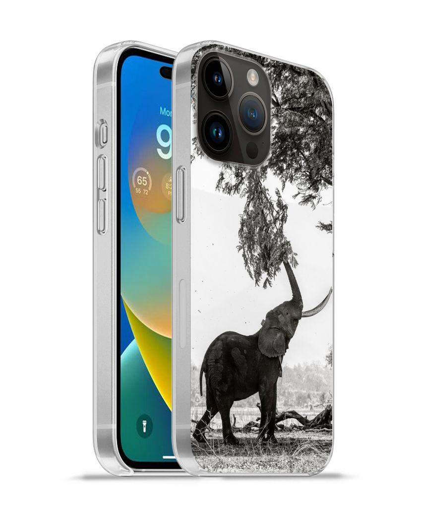MuchoWow Handyhülle Schutzhülle Hülle für Apple iPhone 14 Pro Max Elefant - Baum - Tiere - Schwarz und weiß Silikon Softcase Handy Hülle - ...