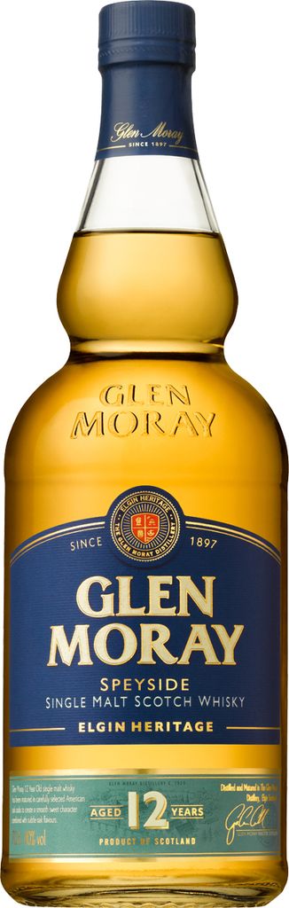 A bottle of Glen Moray Single Malt Scotch Whisky.