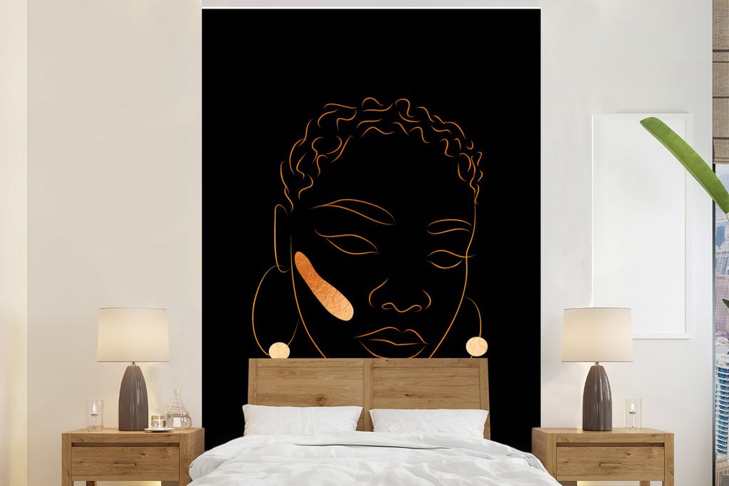 MuchoWow Fototapete für Wohnzimmer oder Schlafzimmer Wandtapete Vinyl Motivtapete Frau - Schwarz - Gold - Strichzeichnung - 160x240 cm - Vinylta...