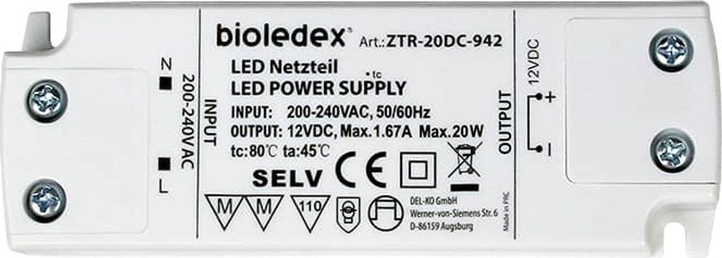 Bioledex 20W 12V DC LED Netzteil Einbau-Trafo AC-DC12V