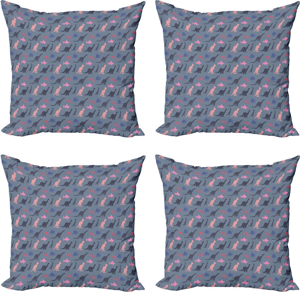 ABAKUHAUS Kindergarten Kissenbezug Set (4 Stück), Bunte Dinosaurier und Shark, Moderner Doppelseitiger Digitaldruck, 40 cm x 40 cm, Blau Grau Mult...