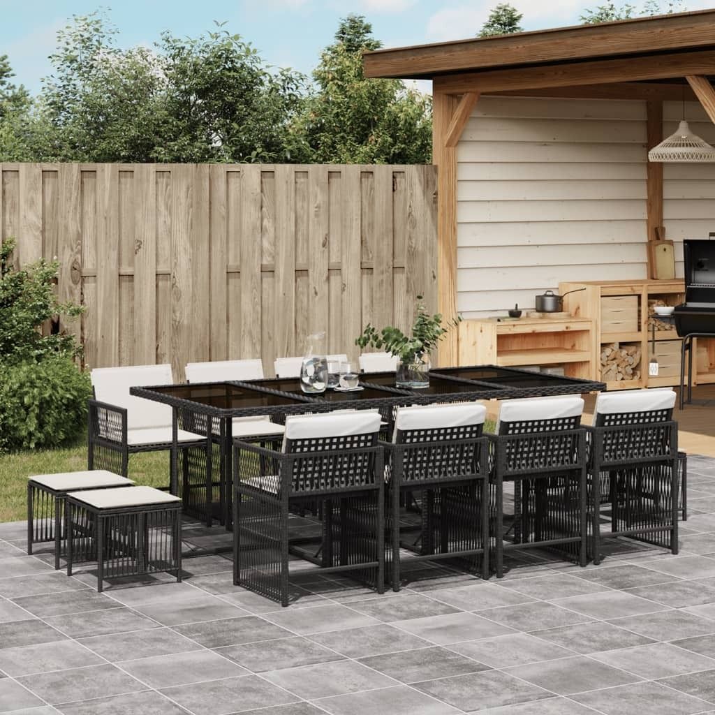 13-tlg. Garten-Essgruppe mit Kissen Schwarz Poly Rattan, Gartenmöbel-Sets 2024 Neu