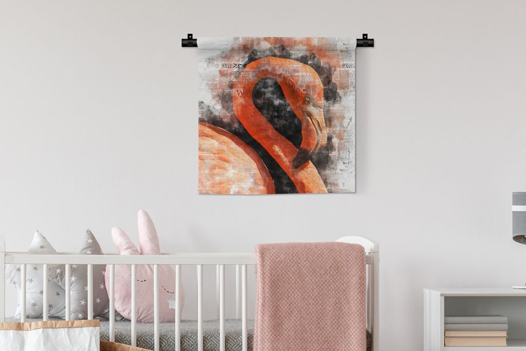 MuchoWow Wandteppich Wandbehang Flamingo - Farbe - Zeitungspapier 60x60 cm Tapisserie Dekoration Wandtuch - Dekorationen - Wand Decke