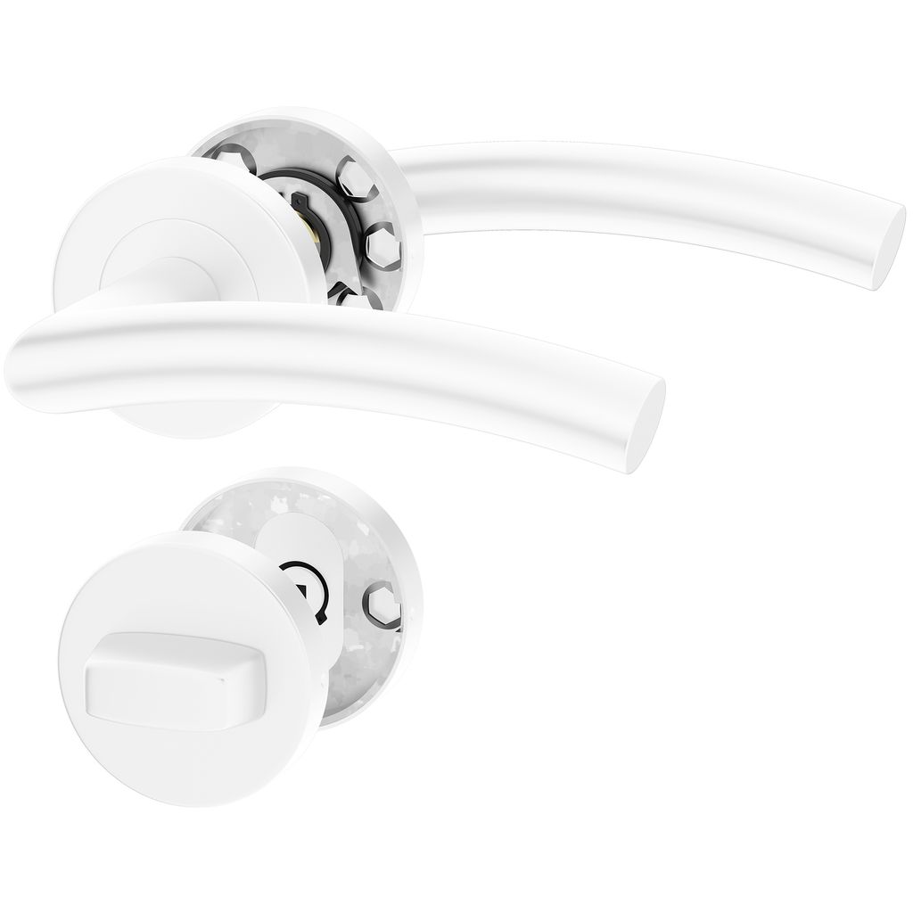 A white door handle set with a round rosette and a separate WC lock.